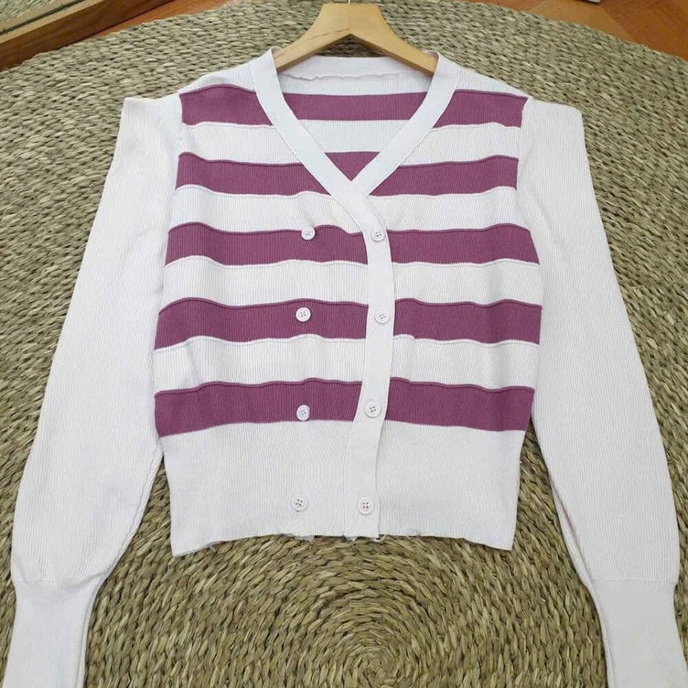 Purple White Stripe Ribbed Knit Cardigan Double Button V-Neck Cute Sweater